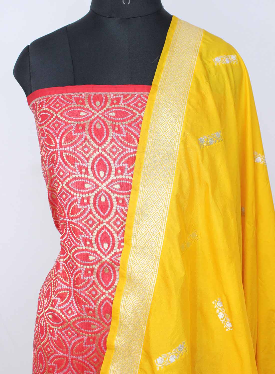 Red Banarasi Silk Suit With Yellow Banarasi Silk Dupatta - Luxurion World