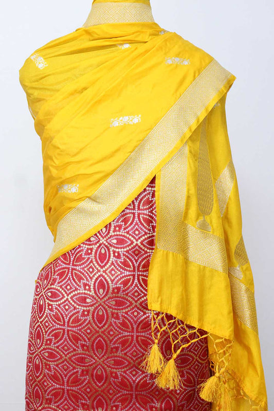 Red Banarasi Silk Suit With Yellow Banarasi Silk Dupatta - Luxurion World