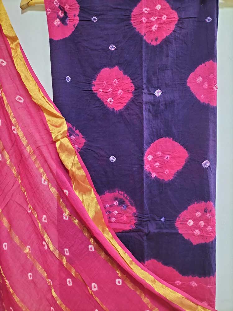 Pink And Blue Bandhani Pure Cotton Three Piece Unstitched Suit Set - Luxurion World