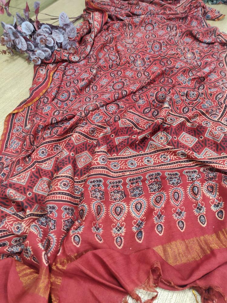 Red Ajrakh Block Printed Chanderi Silk Dupatta - Luxurion World