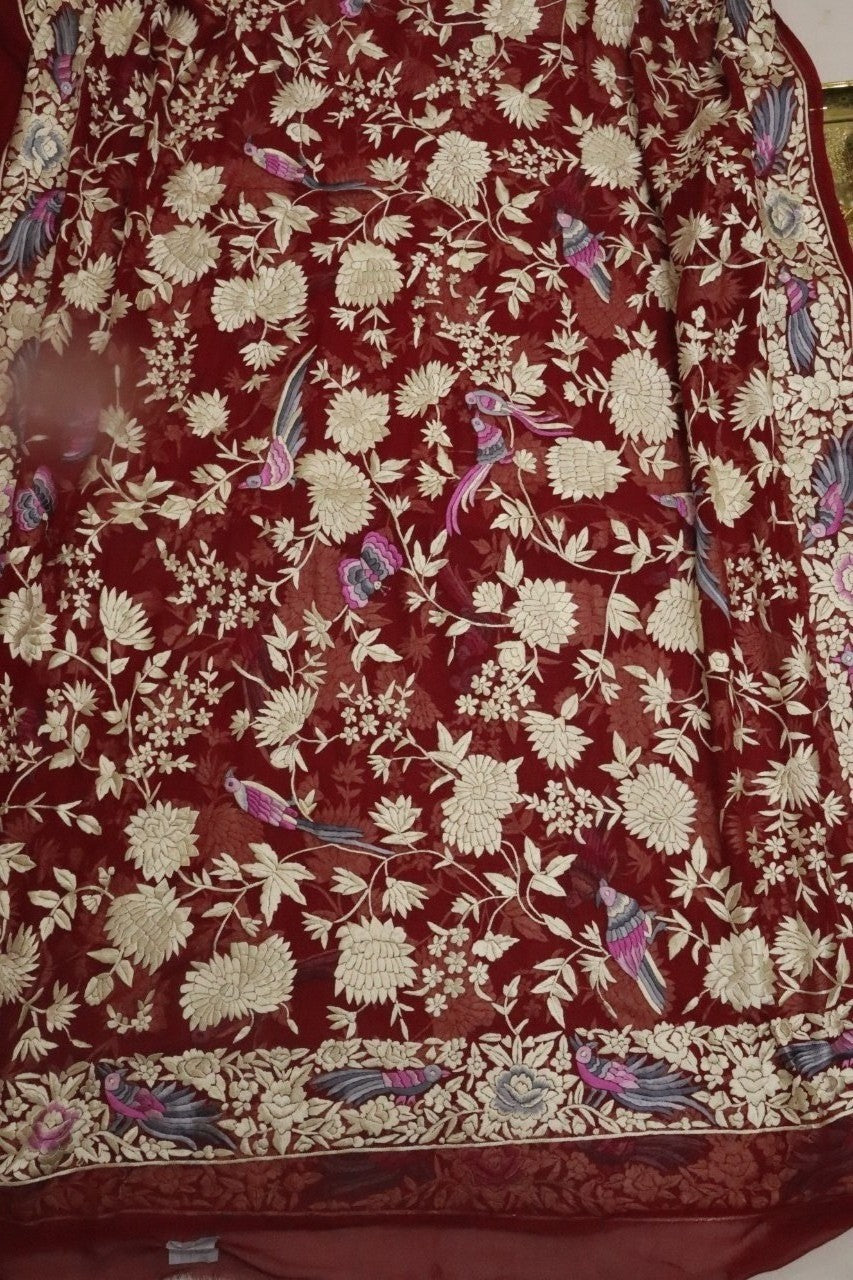 Red Hand Embroidered Parsi Gara Pure Georgette Dupatta - Luxurion World