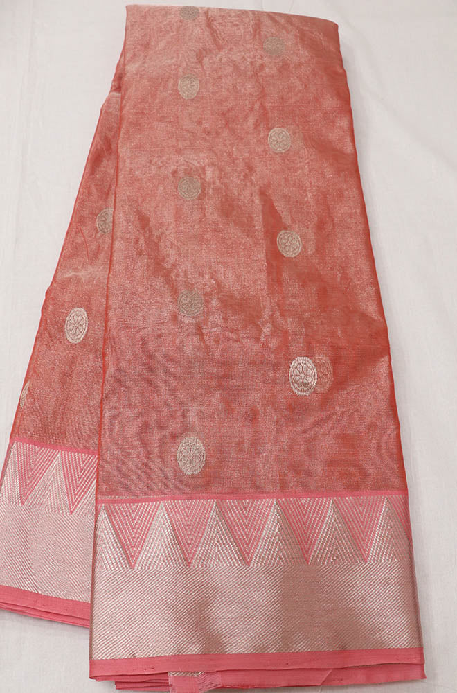 Pink Handloom Chanderi Pure Tissue Silk Saree - Luxurion World