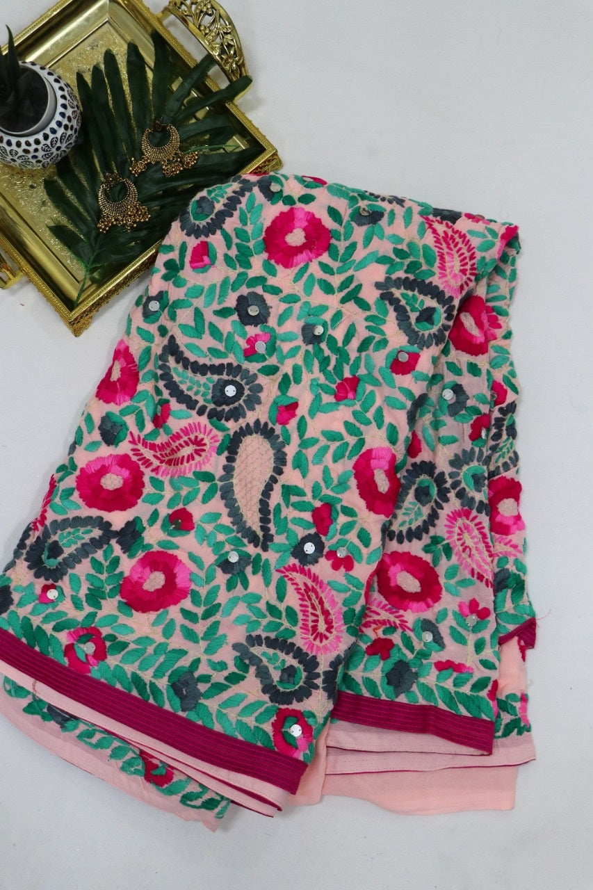 Pink Hand Embroidered Phulkari Georgette Saree - Luxurion World