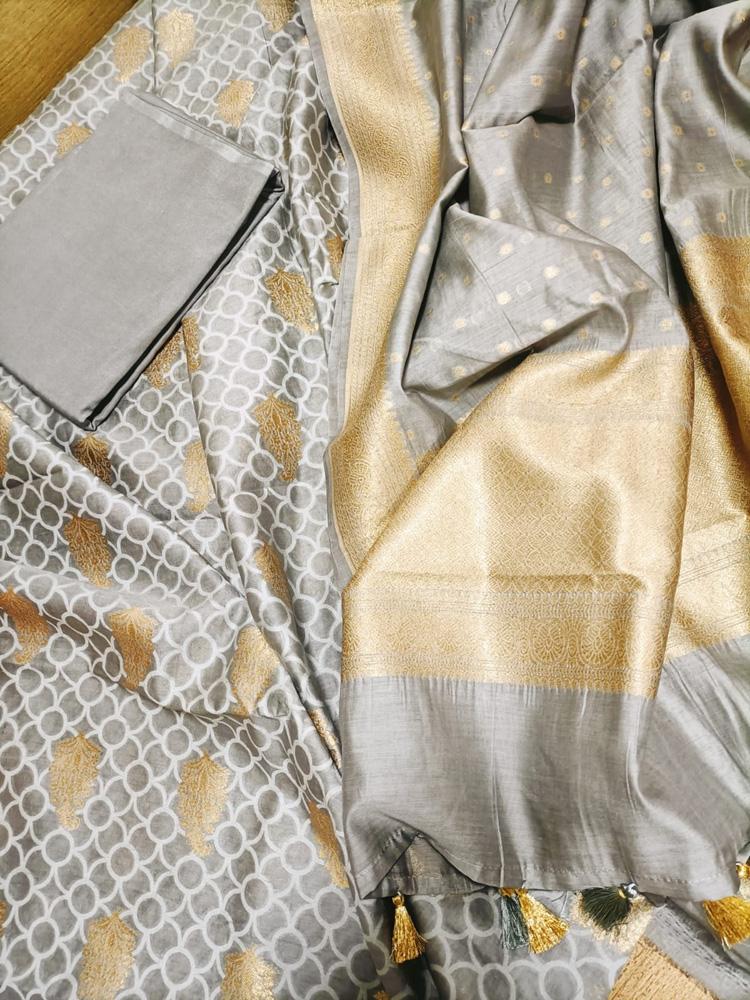 Grey Handloom Banarasi Cotton Silk Three Piece Unstitched Suit Set - Luxurion World
