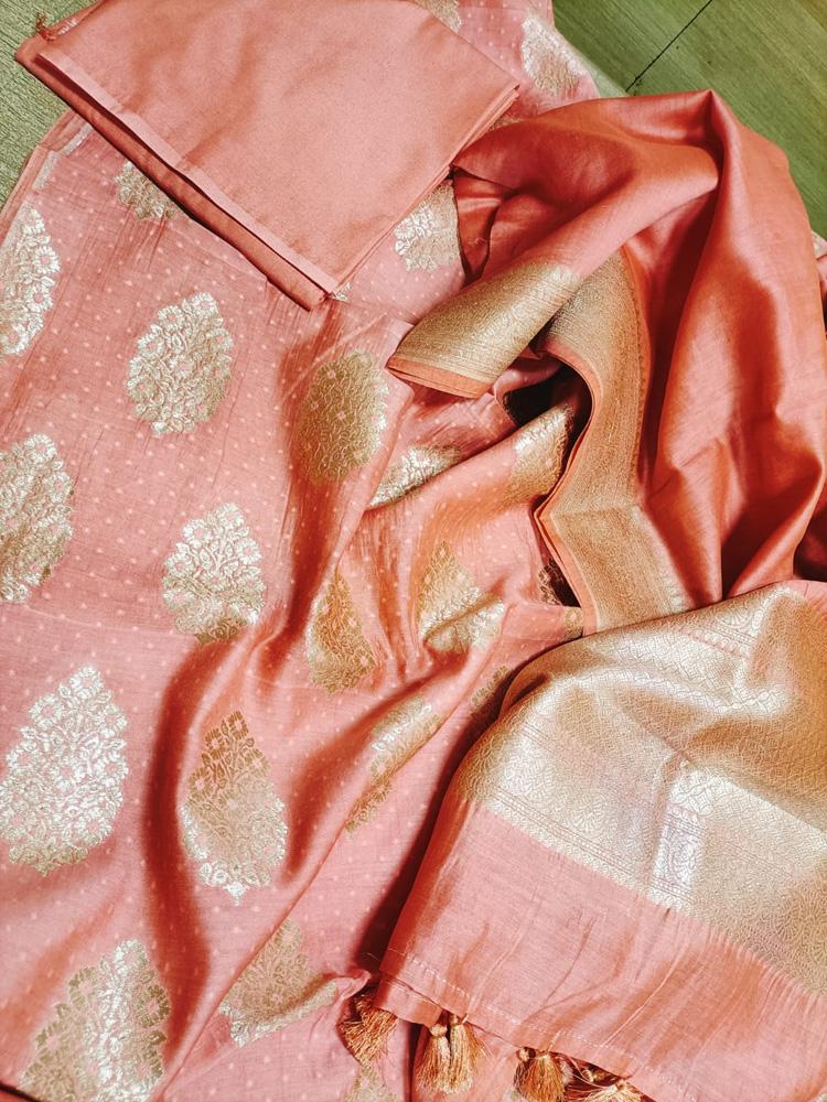Pink Handloom Banarasi Cotton Silk Three Piece Unstitched Suit Set - Luxurion World