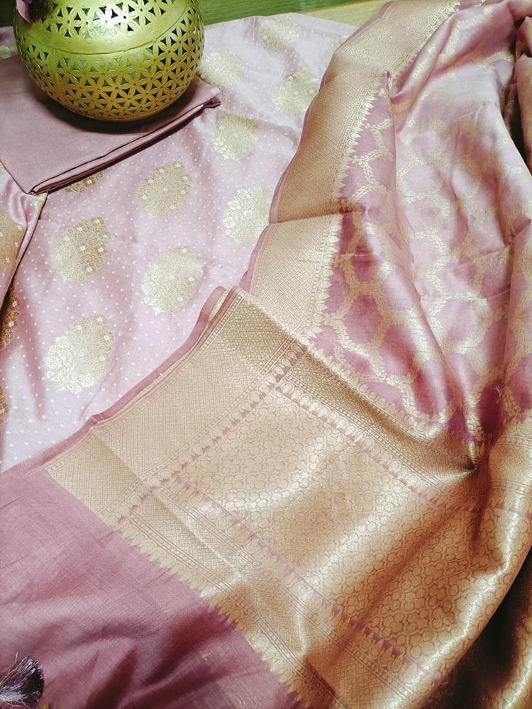Pink Handloom Banarasi Cotton Silk Three Piece Unstitched Suit Set - Luxurion World