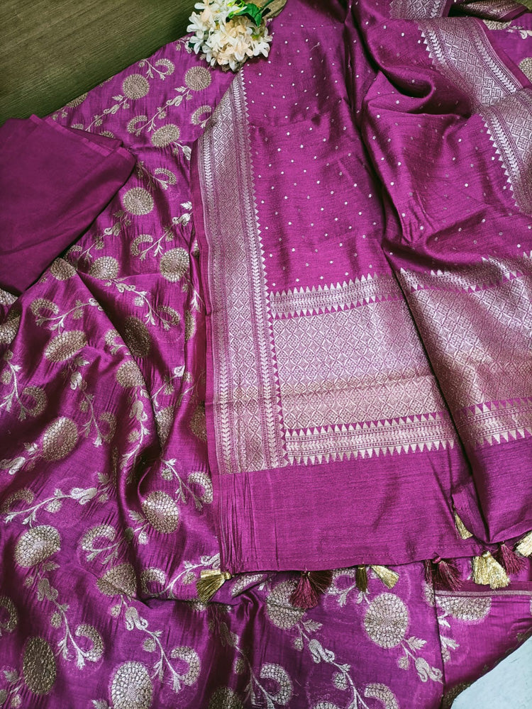 Pink Handloom Banarasi Cotton Silk Three Piece Unstitched Suit Set - Luxurion World