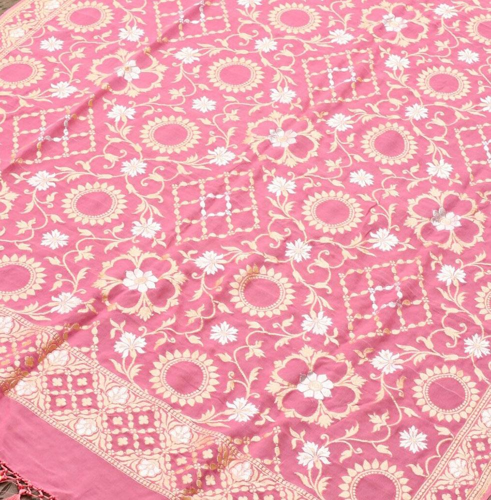 Pink Handloom Banarasi Pure Georgette Dupatta - Luxurion World
