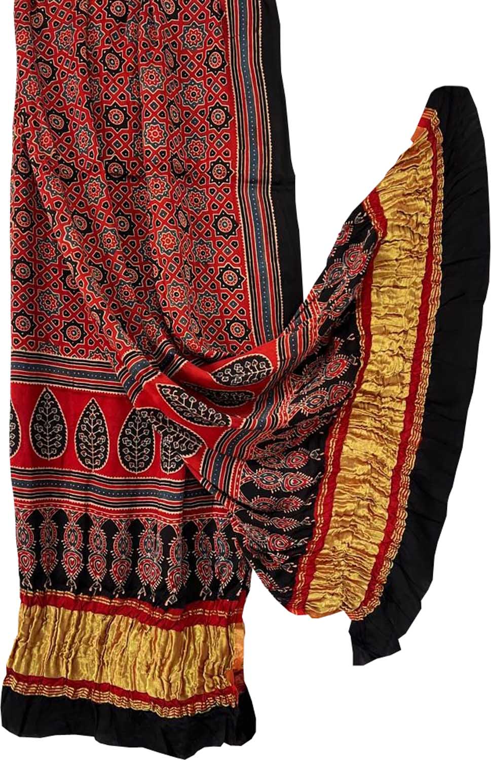 Red Ajarkh Block Printed Modal Silk Tissue Border Dupatta - Luxurion World
