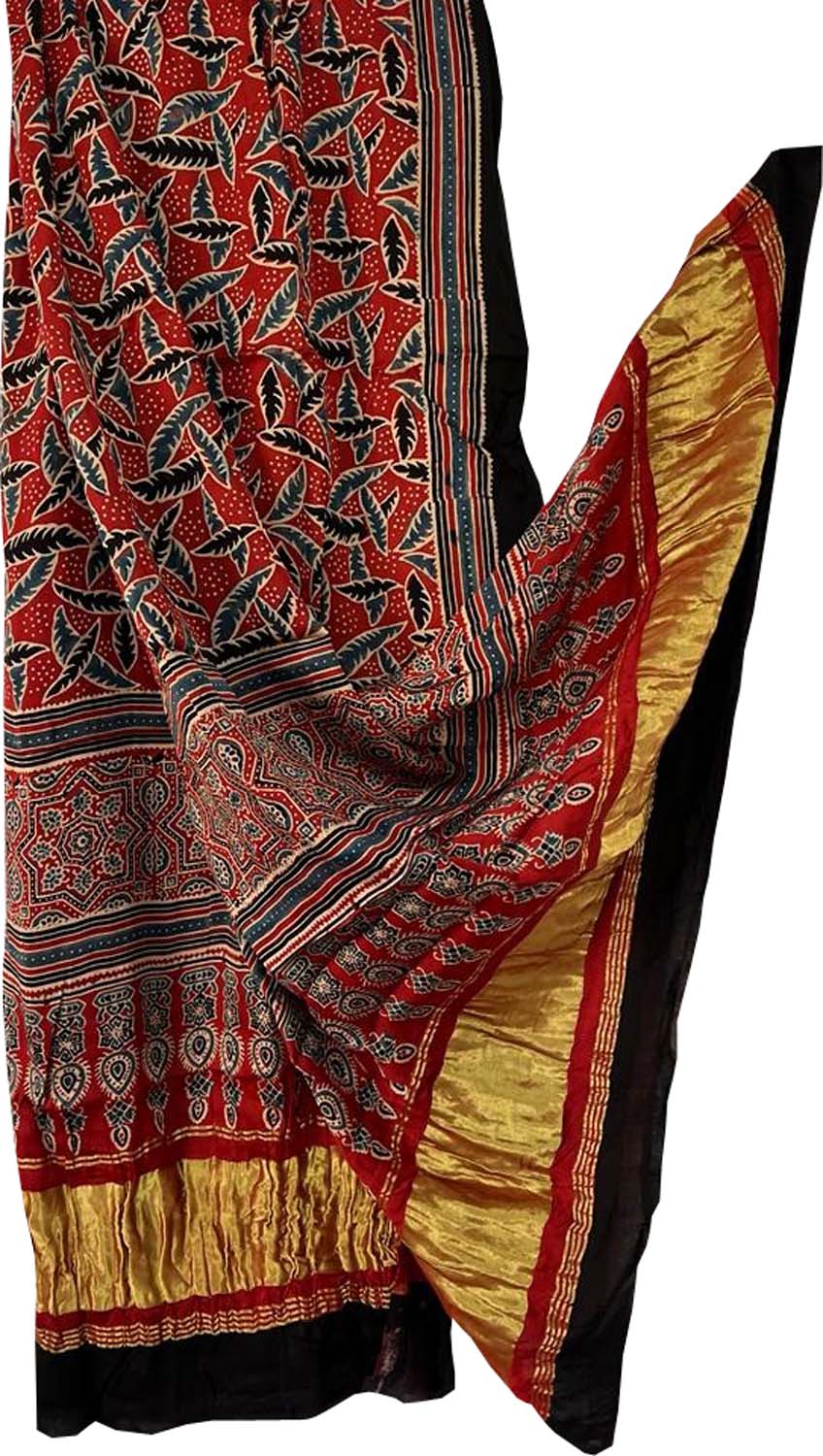 Red Ajarkh Block Printed Modal Silk Tissue Border Dupatta - Luxurion World