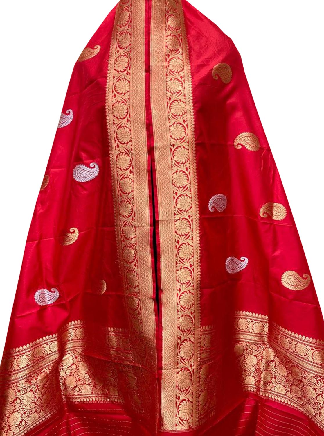Red Handloom Banarasi Pure Katan Silk Dupatta - Luxurion World