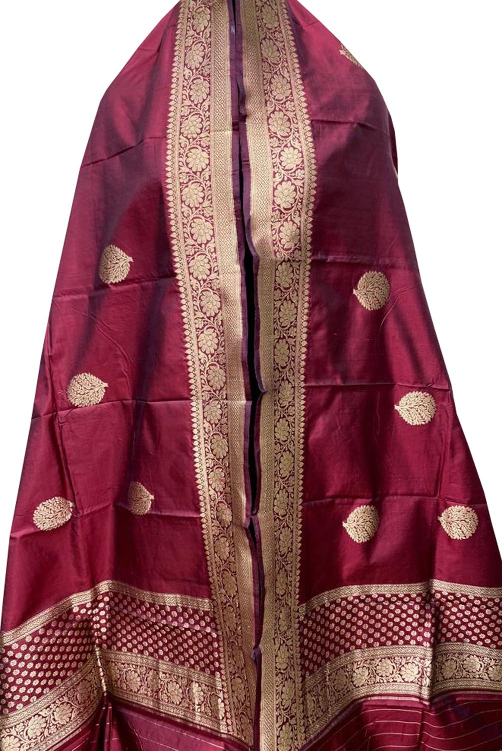 Maroon Handloom Banarasi Pure Katan Silk Dupatta - Luxurion World