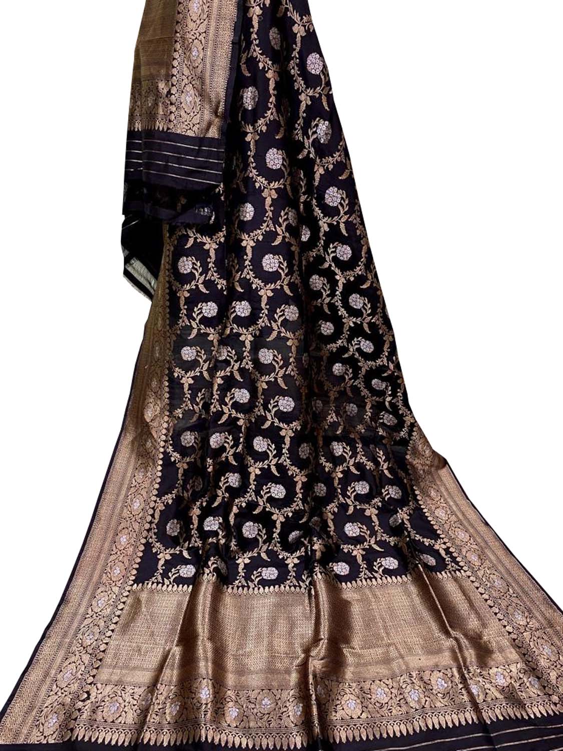Black Banarasi Handloom Pure Katan Silk Dupatta - Luxurion World