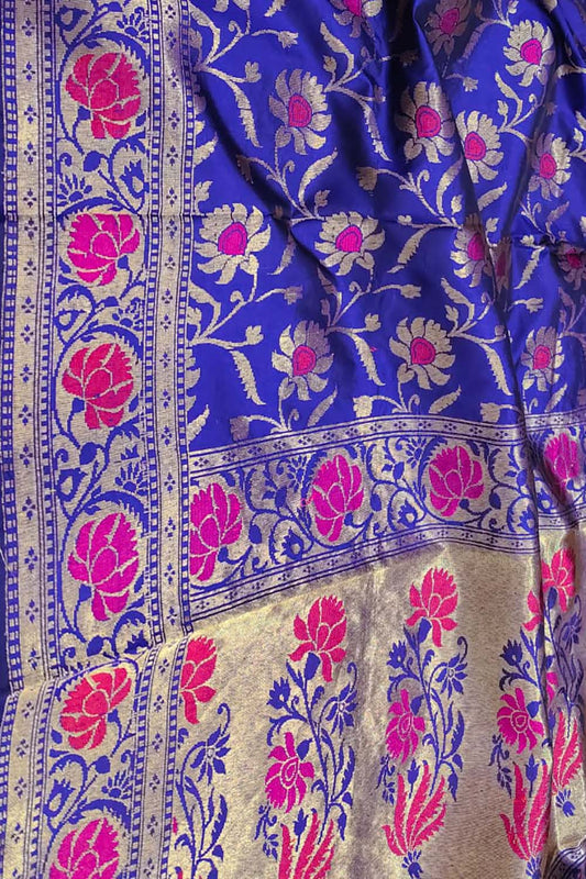 Blue Handloom Banarasi Pure Katan Silk Meenakari Dupatta - Luxurion World
