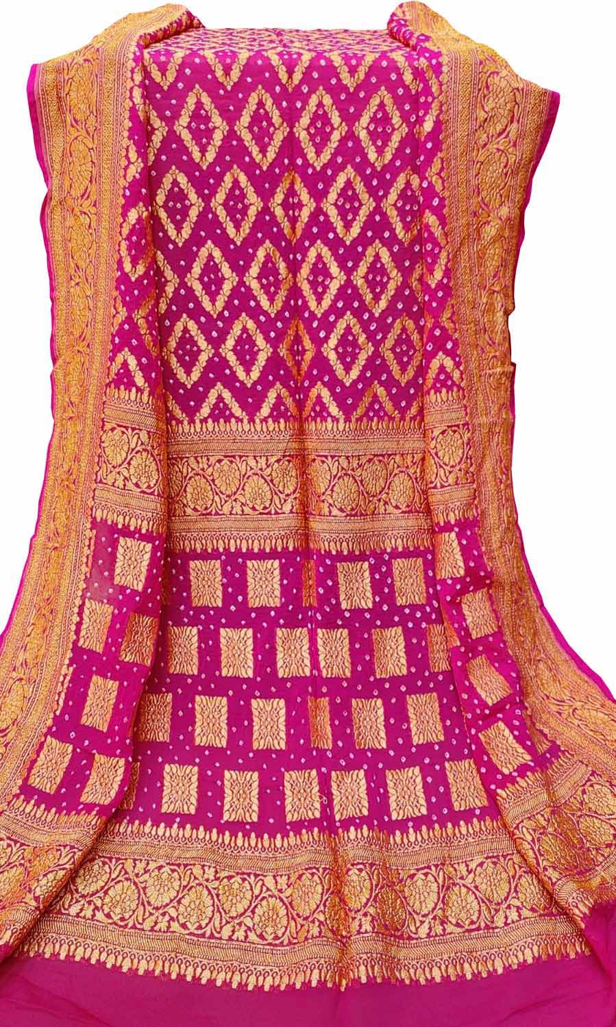 Pink Banarasi Bandhani Handloom Pure Georgette Dupatta - Luxurion World