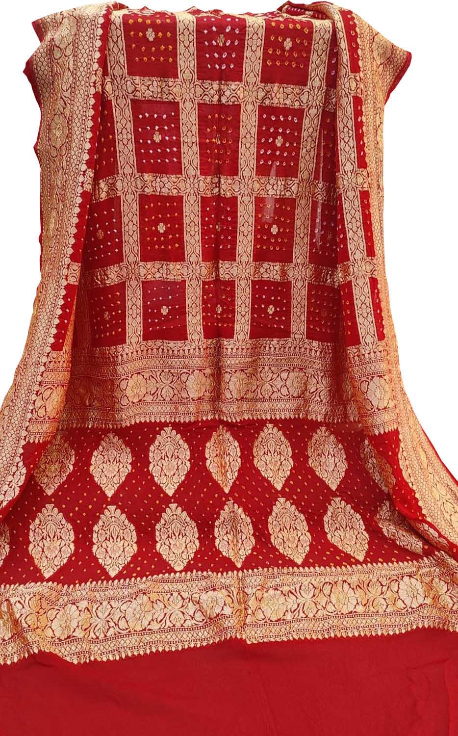 Red Banarasi Bandhani Handloom Pure Georgette Dupatta - Luxurion World