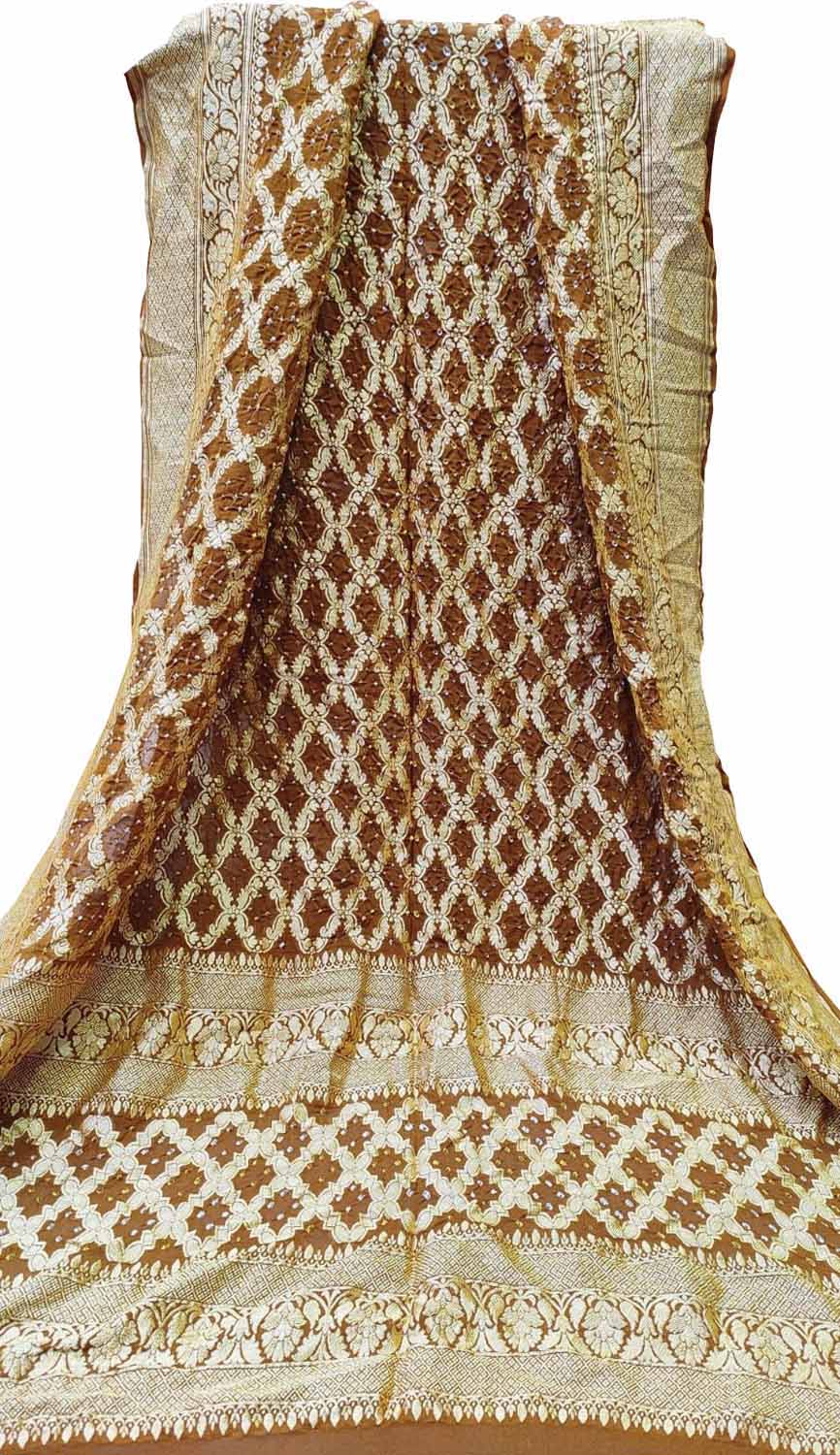 Brown Banarasi Bandhani Handloom Pure Georgette Dupatta - Luxurion World