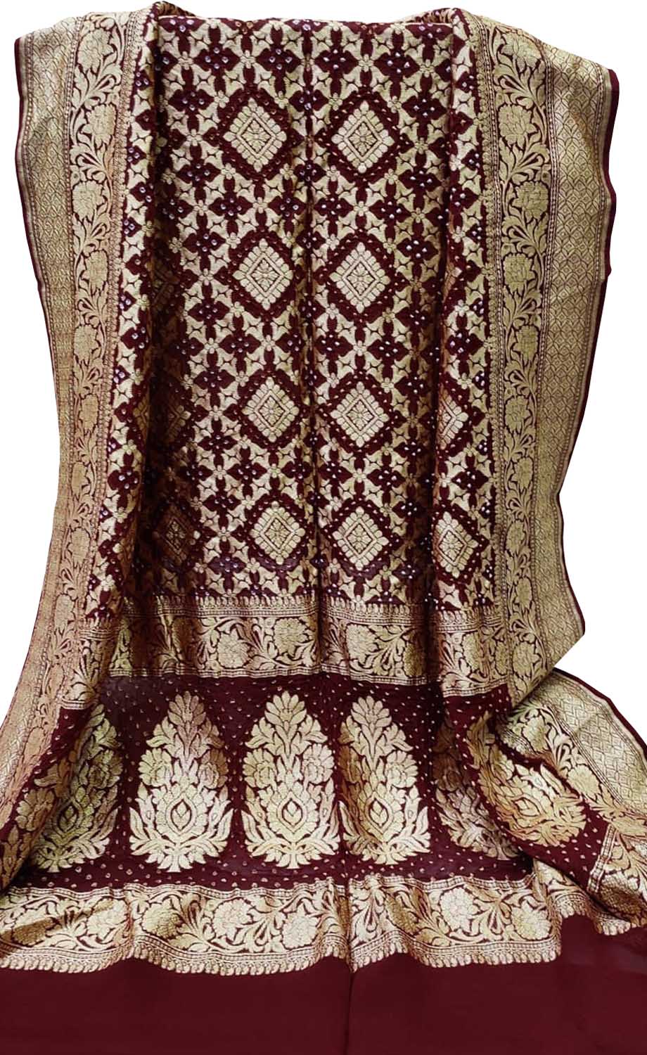 Maroon Banarasi Bandhani Handloom Pure Georgette Dupatta - Luxurion World