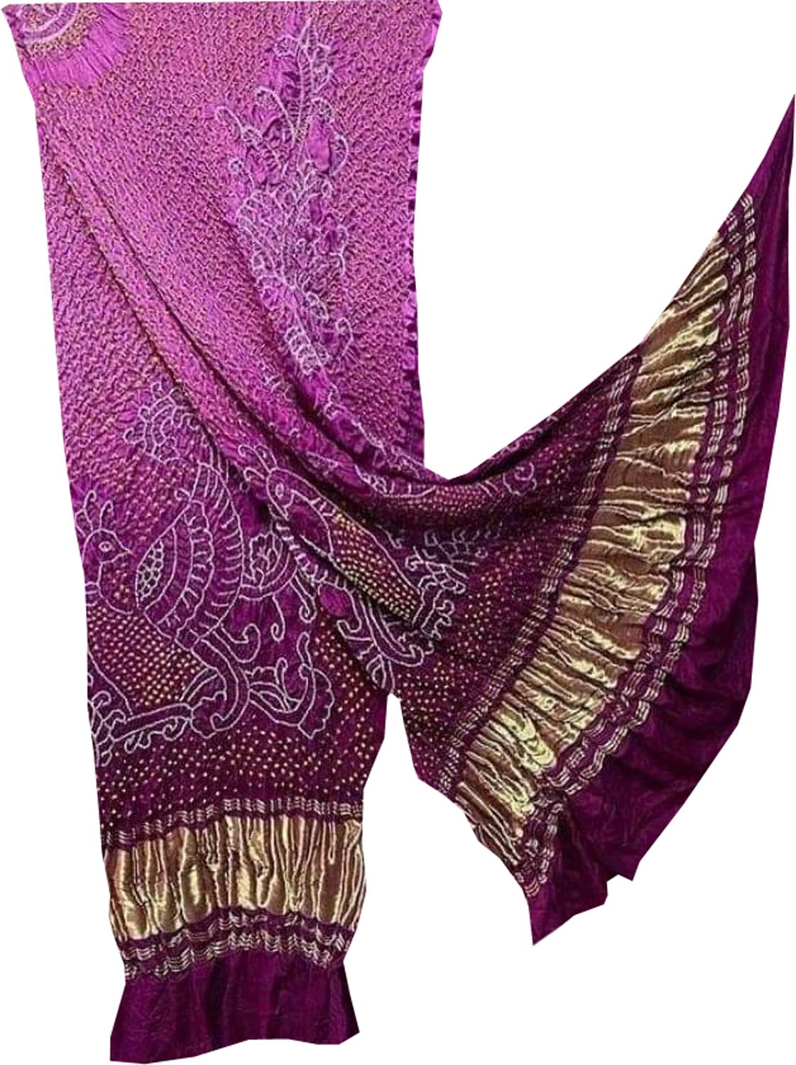 Pink And Purple Bandhani Pure Gajji Silk Peacock Design Dupatta - Luxurion World