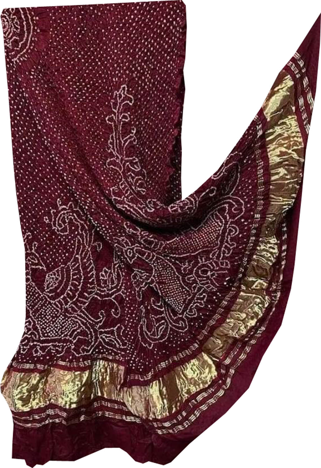 Maroon Bandhani Pure Gajji Silk Peacock Design Dupatta - Luxurion World