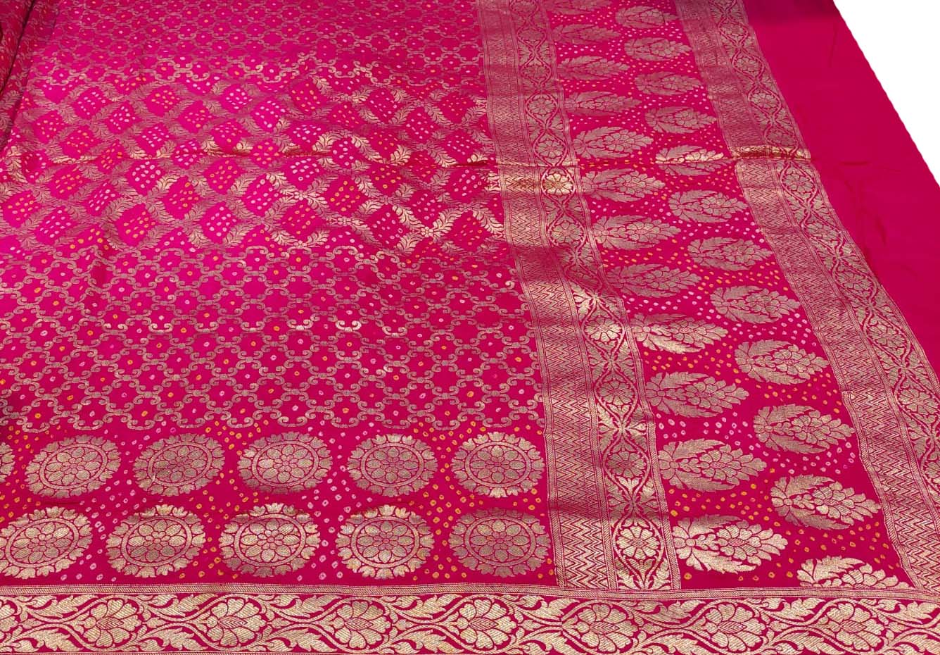 Pink Banarasi Bandhani Pure Moonga Silk Dupatta - Luxurion World