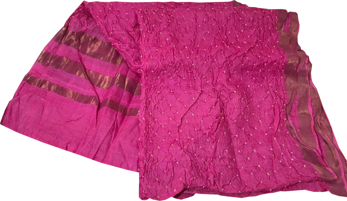 Pink Bandhani Handloom Pure Tussar Silk Dupatta - Luxurion World