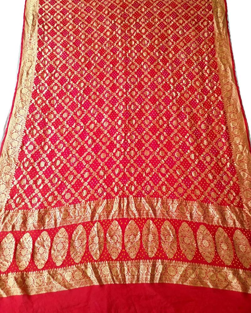 Red Banarasi Bandhani Pure Georgette Neemzari Dupatta - Luxurion World