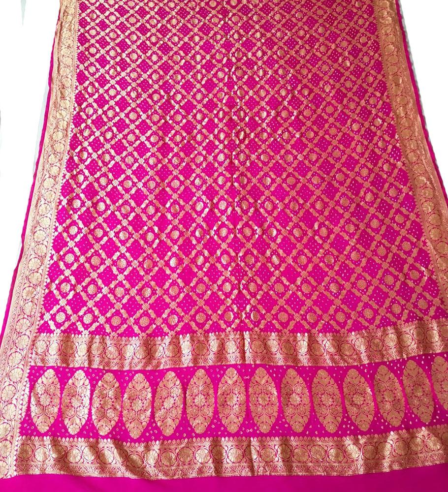 Pink Banarasi Bandhani Pure Georgette Neemzari Dupatta - Luxurion World