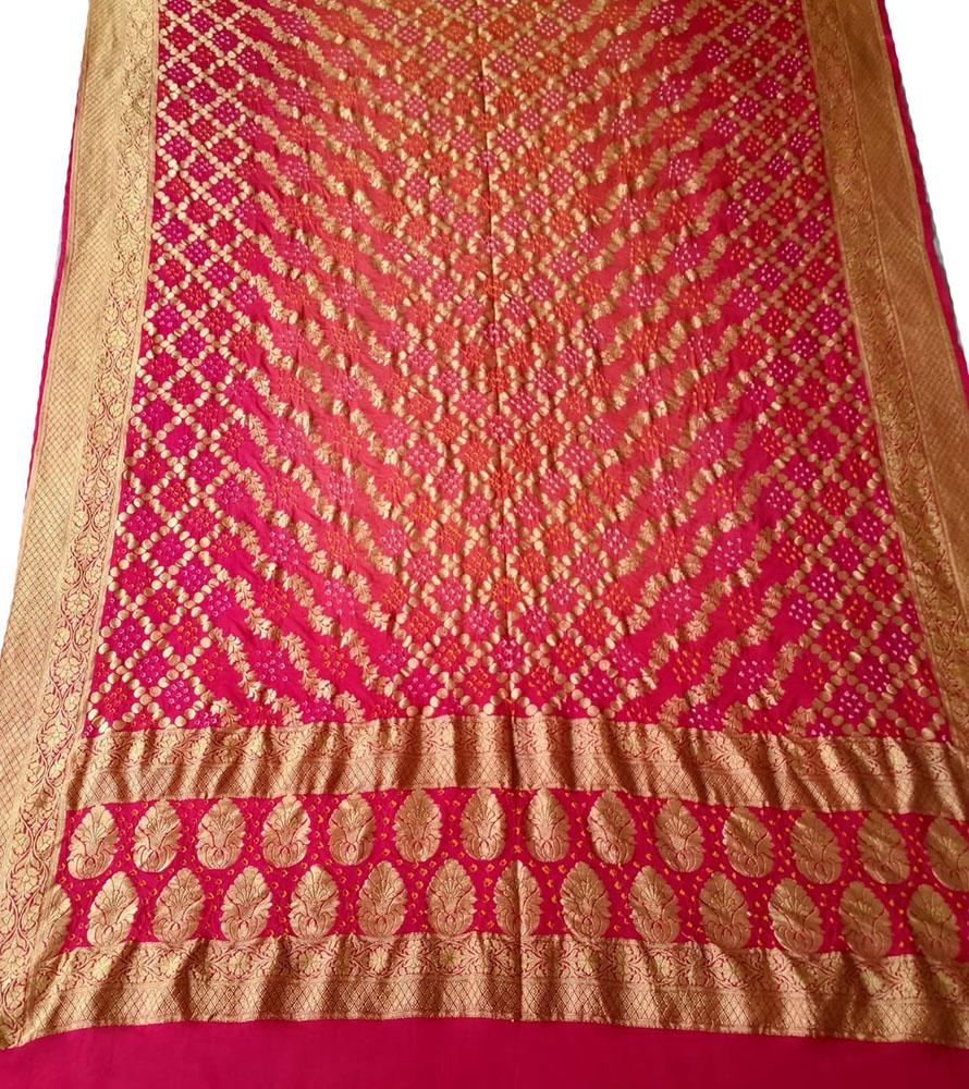 Red And Orange Shot Banarasi Bandhani Pure Georgette Neemzari Dupatta - Luxurion World