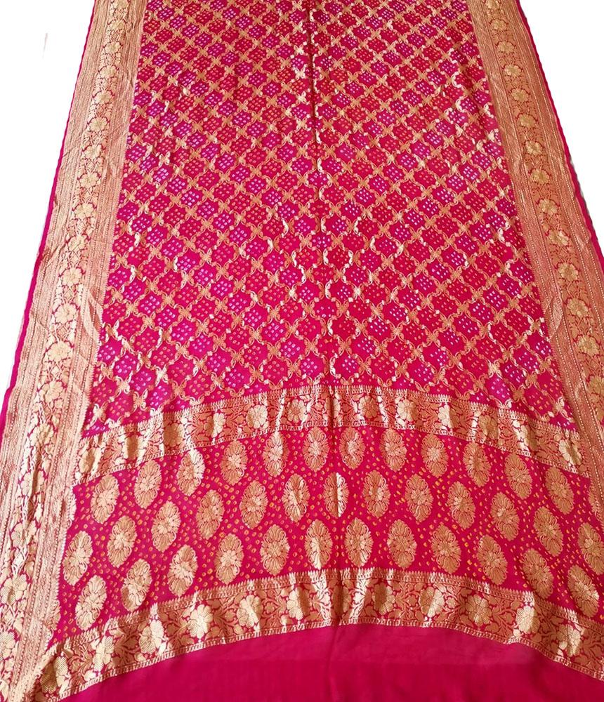Pink Banarasi Bandhani Pure Georgette Neemzari Dupatta - Luxurion World
