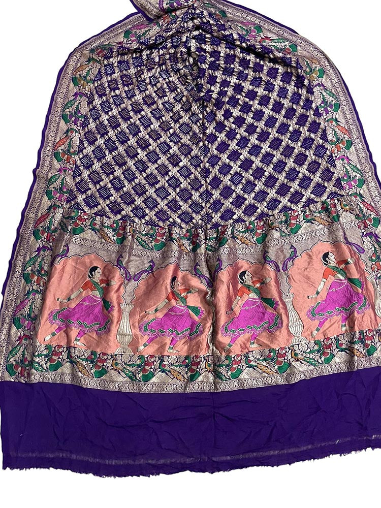 Purple Banarasi Bandhani Pure Georgette Meenakari Dupatta - Luxurion World