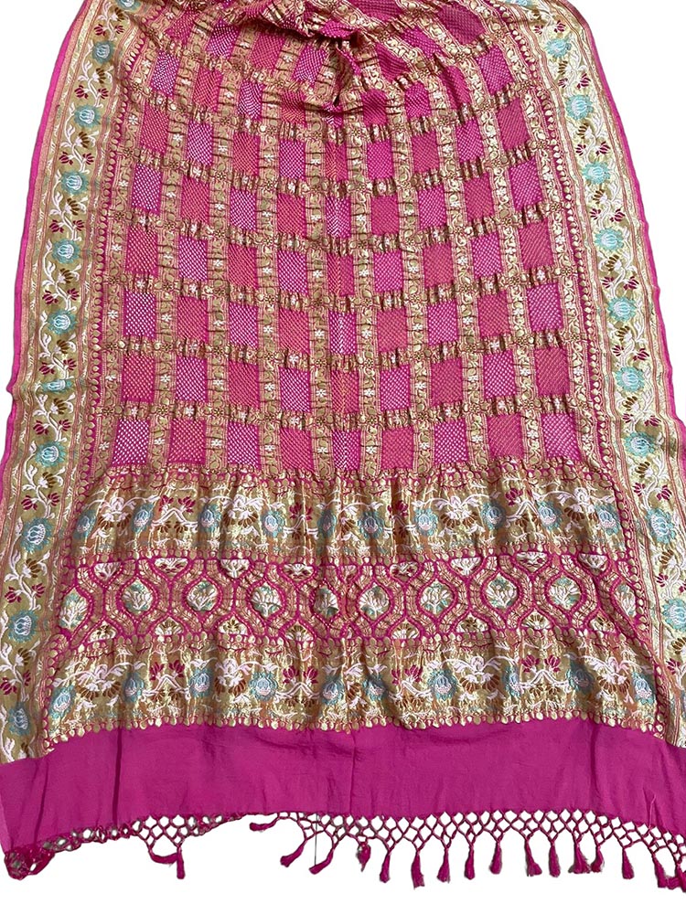 Pink Banarasi Bandhani Pure Georgette Meenakari Dupatta - Luxurion World