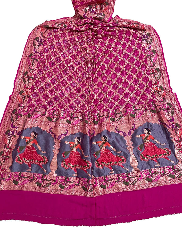 Pink Banarasi Bandhani Pure Georgette Meenakari Dupatta - Luxurion World