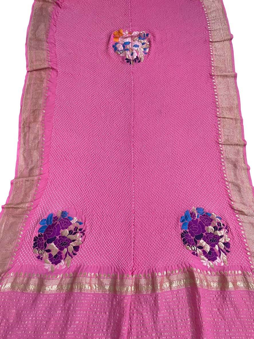 Pink Banarasi Bandhani Handloom Pure Georgette Dupatta - Luxurion World