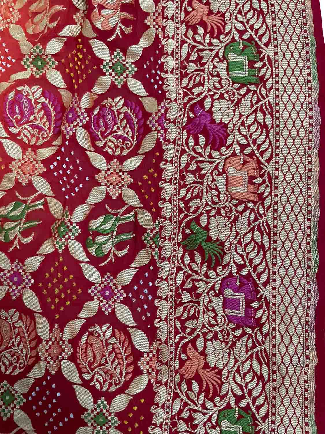 Red Banarasi Bandhani Pure Georgette Dupatta - Luxurion World