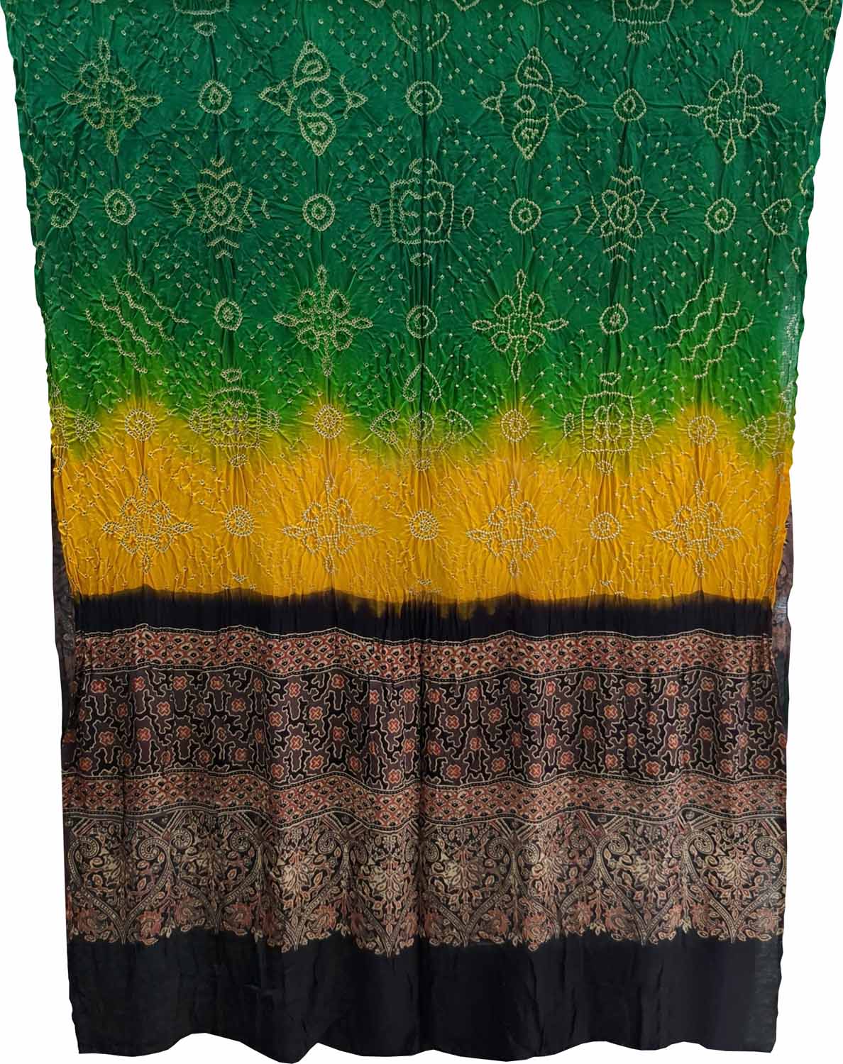 Green And Yellow Bandhani And Ajrakh Work Pure Gajji Silk Dupatta - Luxurion World