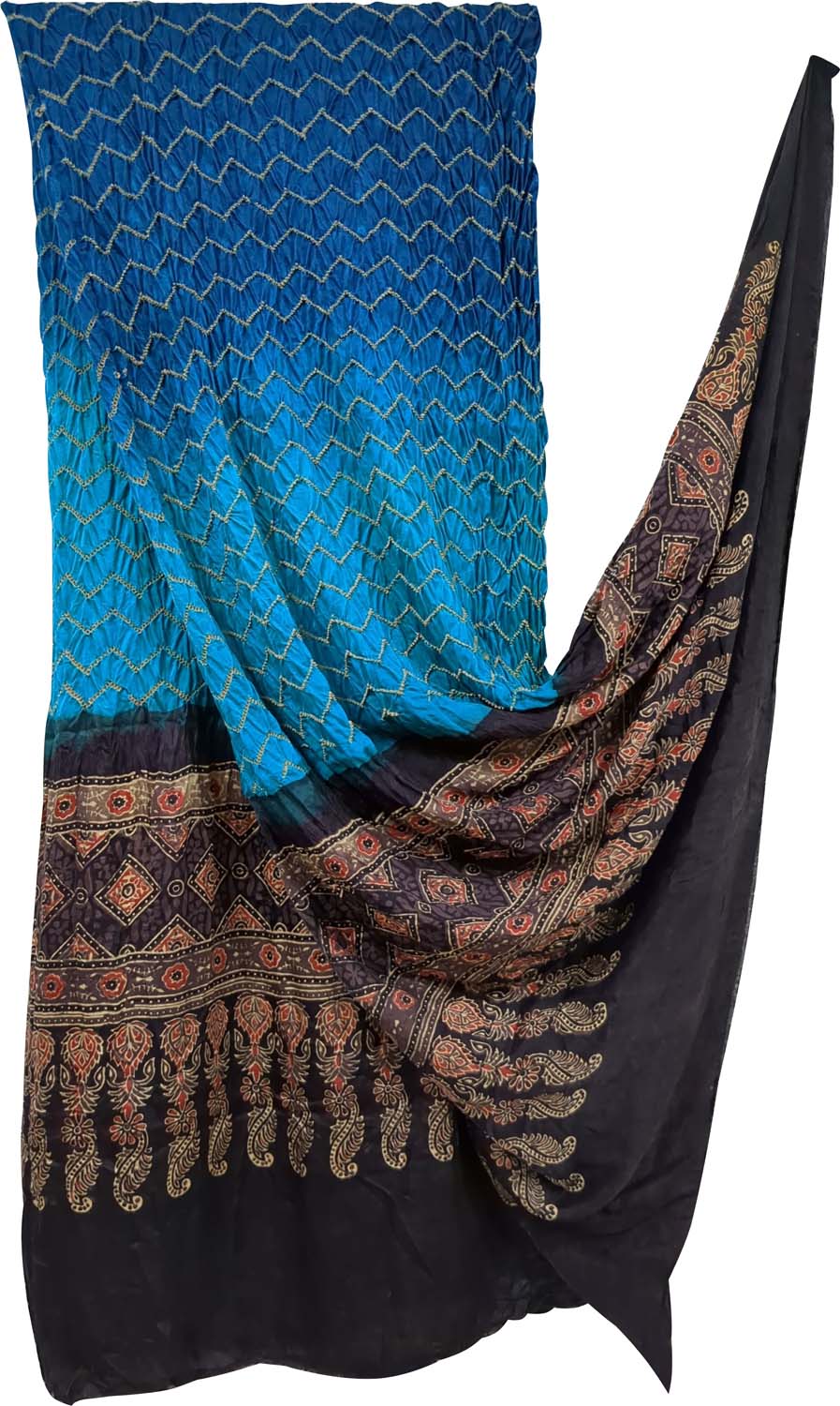 Blue Bandhani Ajrakh Pure Gajji Silk Dupatta - Luxurion World