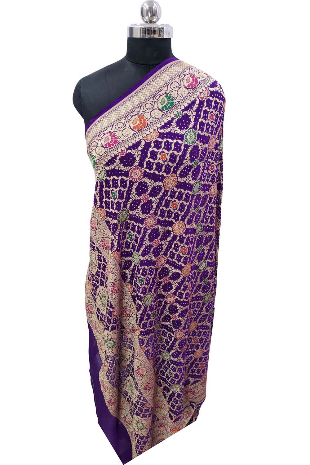 Purple Banarasi Bandhani Pure Georgette Meenakari Dupatta - Luxurion World