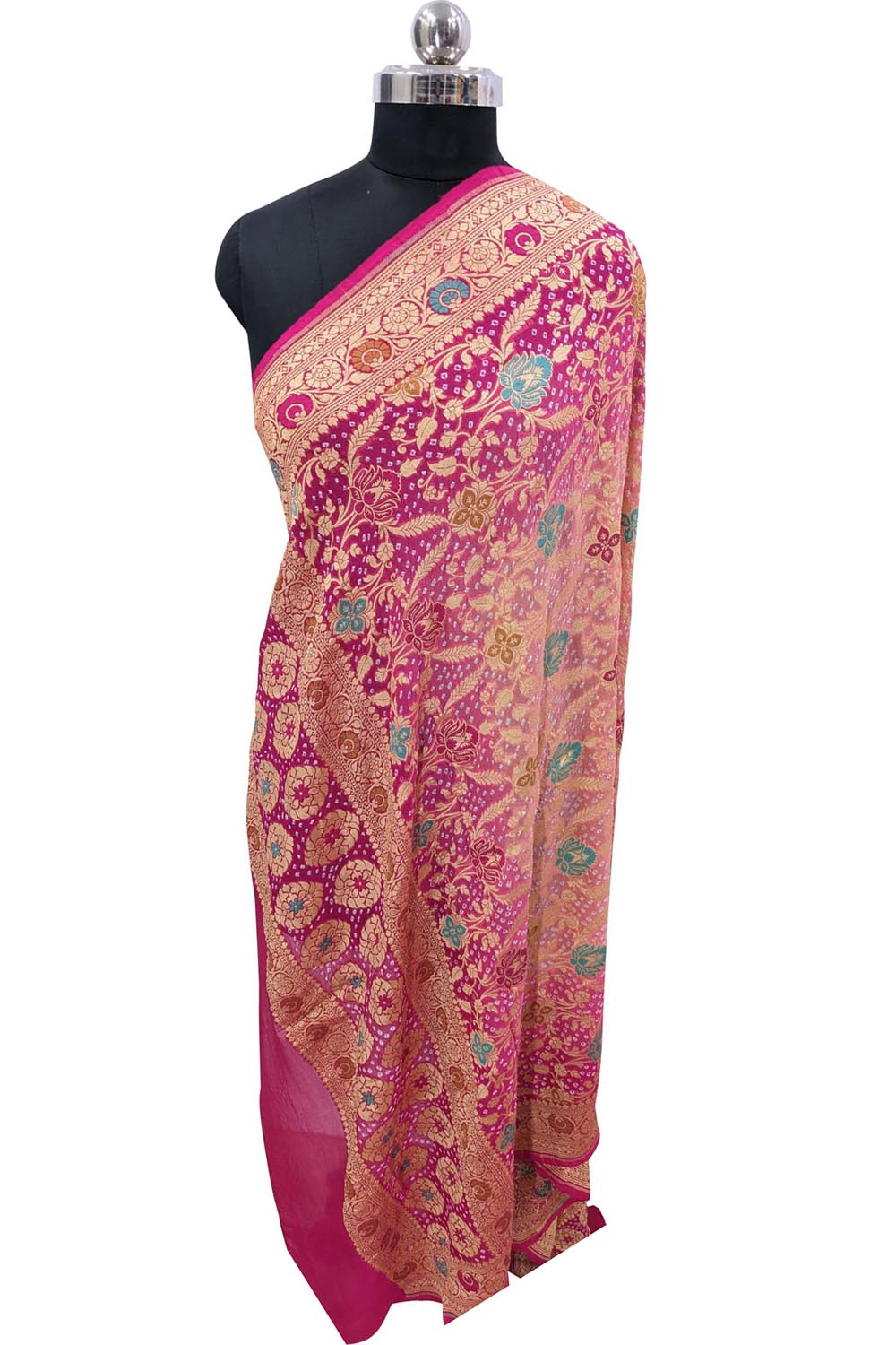 Pink Banarasi Bandhani Pure Georgette Meenakari Dupatta - Luxurion World