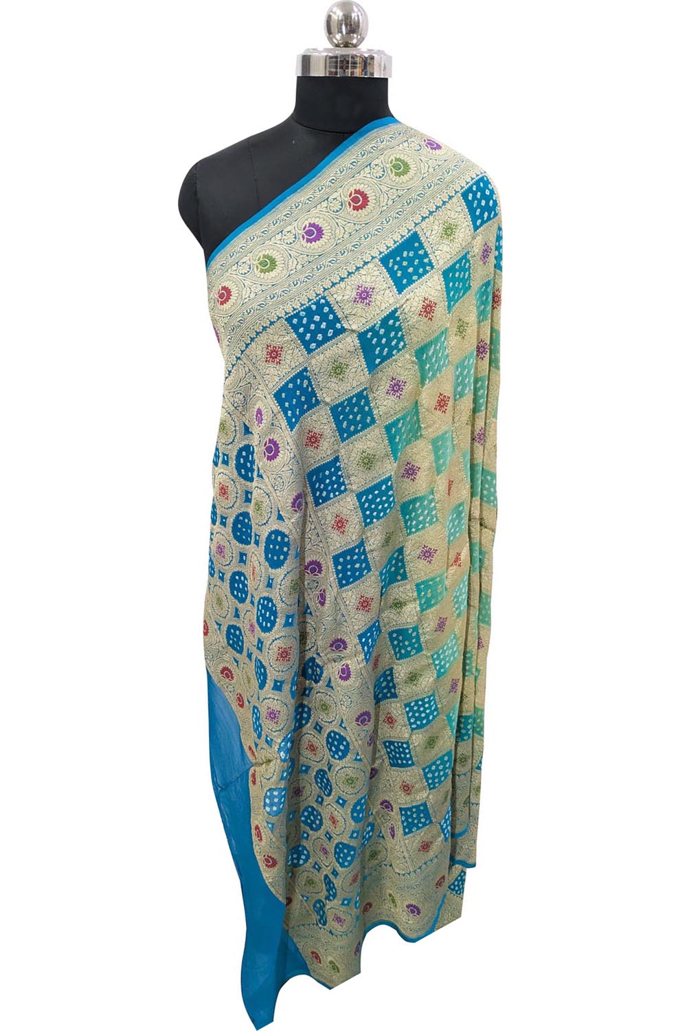 Blue Banarasi Bandhani Pure Georgette Meenakari Dupatta - Luxurion World