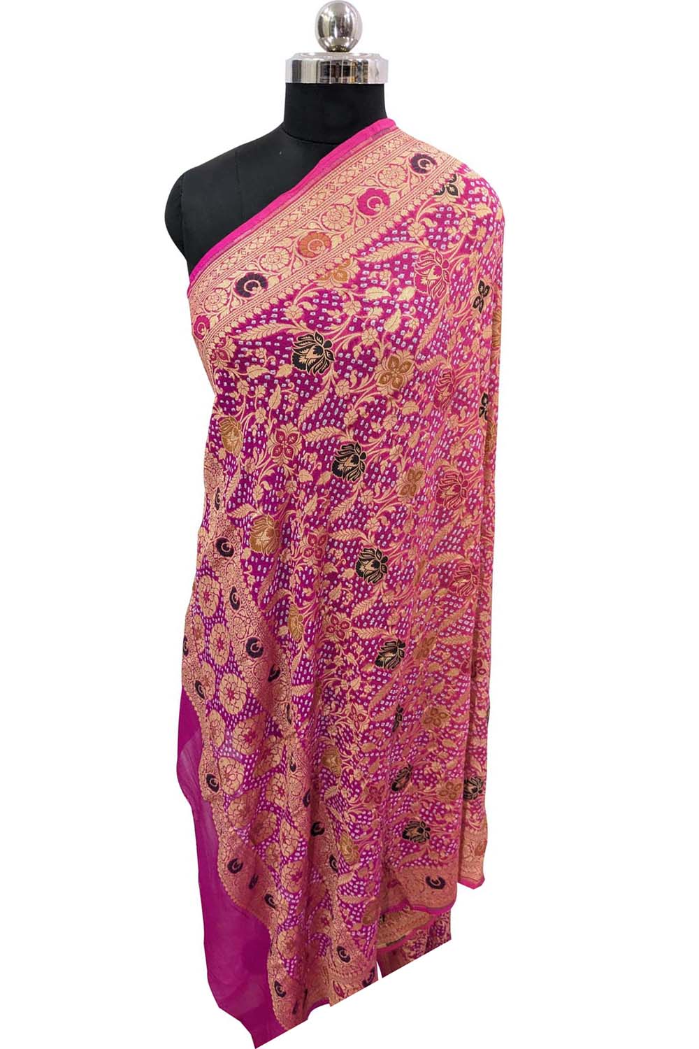 Pink Banarasi Bandhani Pure Georgette Meenakari Dupatta - Luxurion World