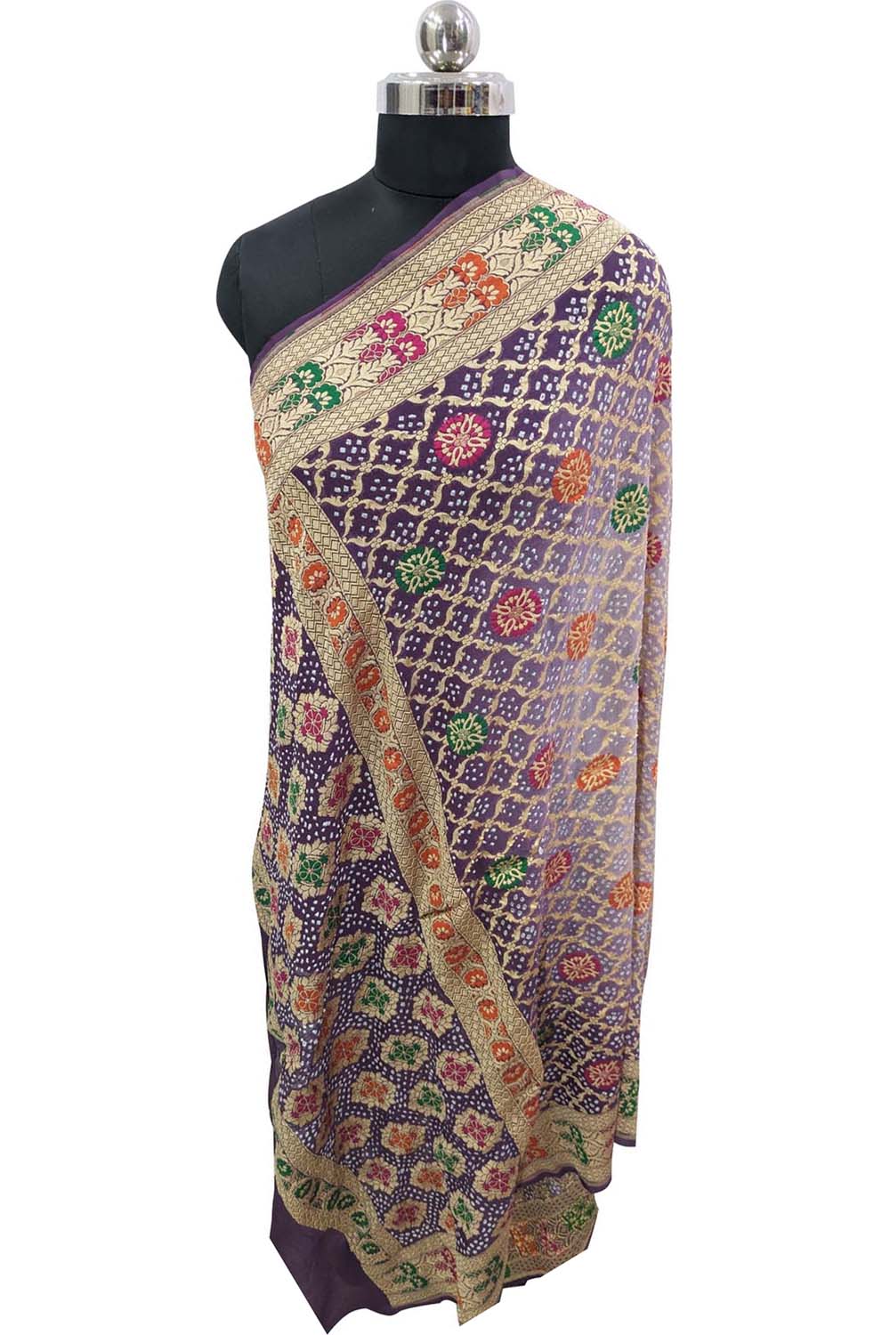 Purple Banarasi Bandhani Pure Georgette Meenakari Dupatta - Luxurion World