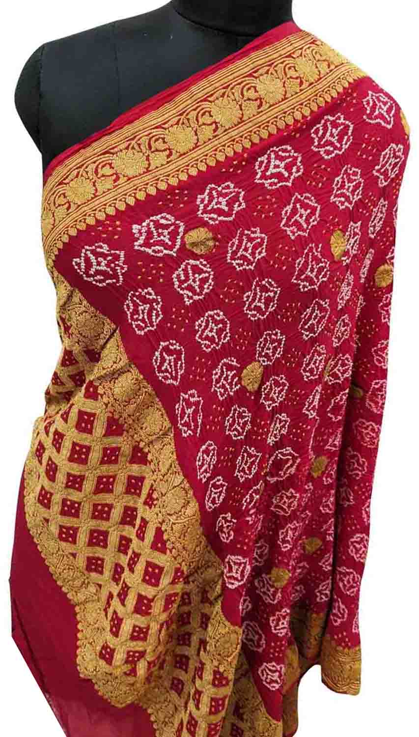 Red Banarasi Bandhani Pure Georgette Dupatta - Luxurion World