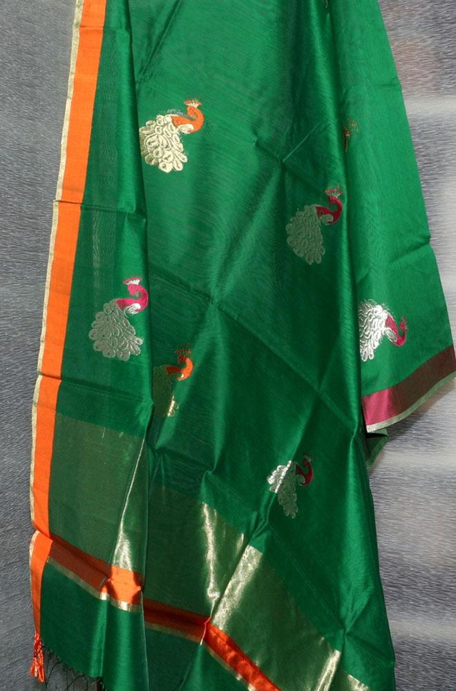 Green Handloom Chanderi Cotton Silk Resham Zari Border Meenakari Dupatta - Luxurion World