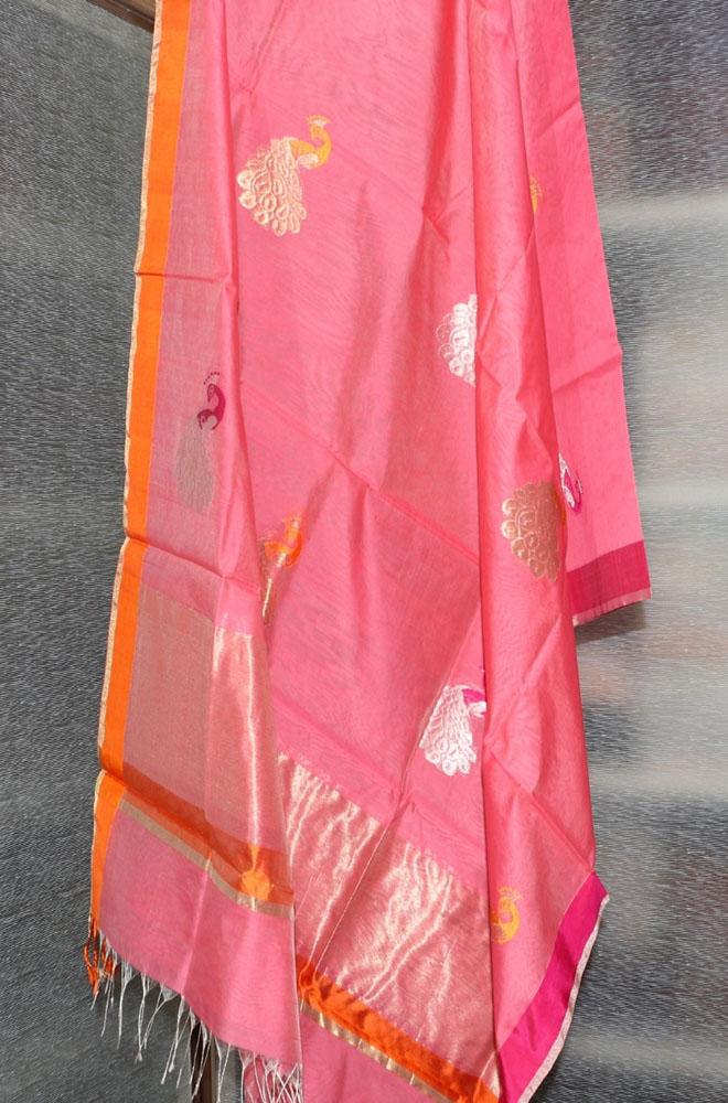 Pink Handloom Chanderi Cotton Silk Resham Zari Border Meenakari Dupatta - Luxurion World