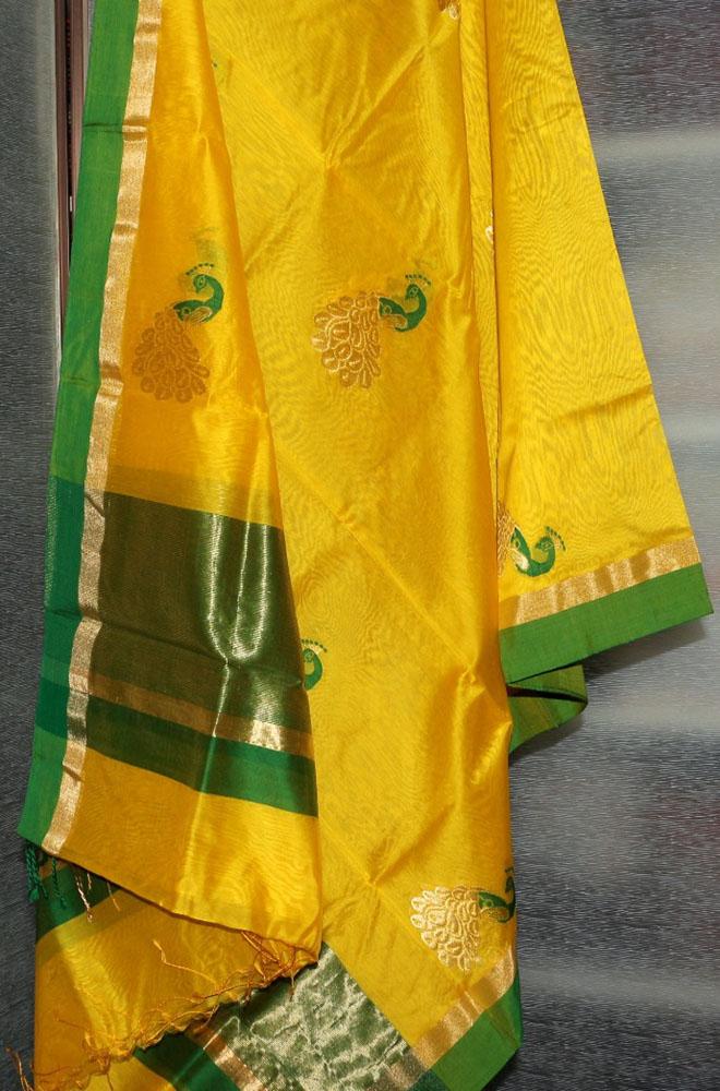 Yellow Handloom Chanderi Cotton Silk Resham Zari Border Meenakari Dupatta - Luxurion World