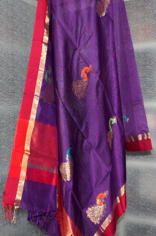 Purple Handloom Chanderi Cotton Silk Resham Zari Border Meenakari Dupatta - Luxurion World