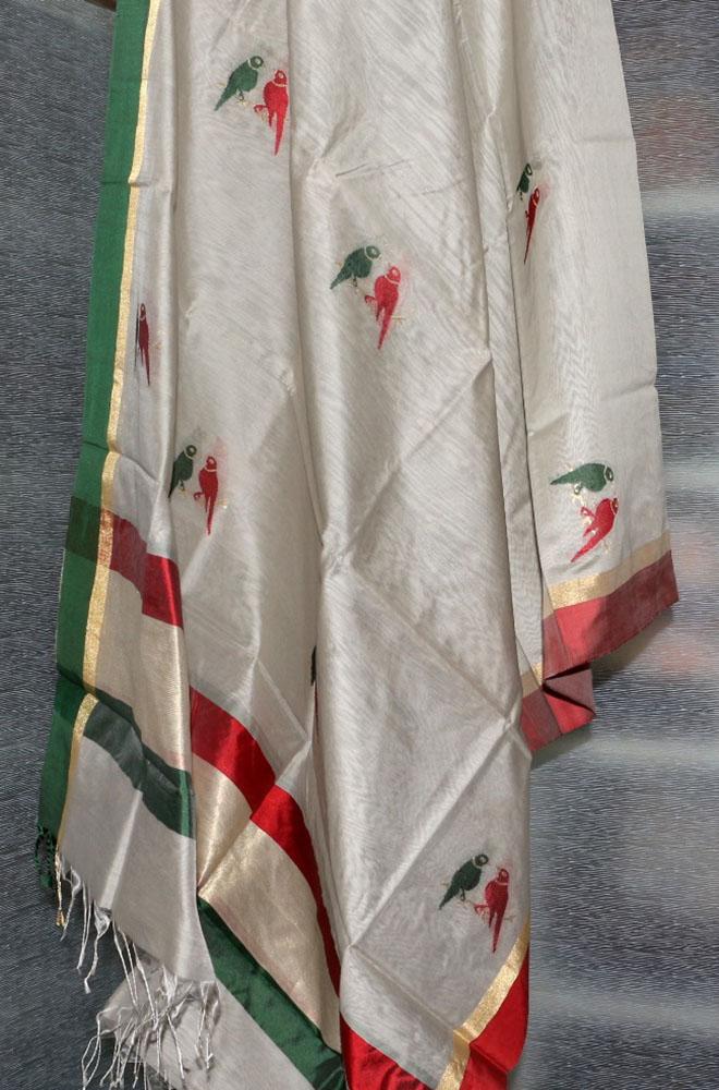 Off White Handloom Chanderi Cotton Silk Resham Zari Border Meenakari Dupatta - Luxurion World