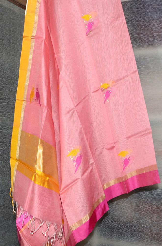 Pink Handloom Chanderi Cotton Silk Resham Zari Border Meenakari Dupatta - Luxurion World
