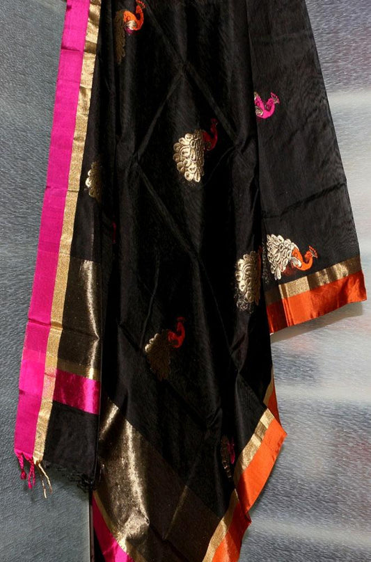 Black Handloom Chanderi Cotton Silk Resham Zari Border Meenakari Dupatta - Luxurion World